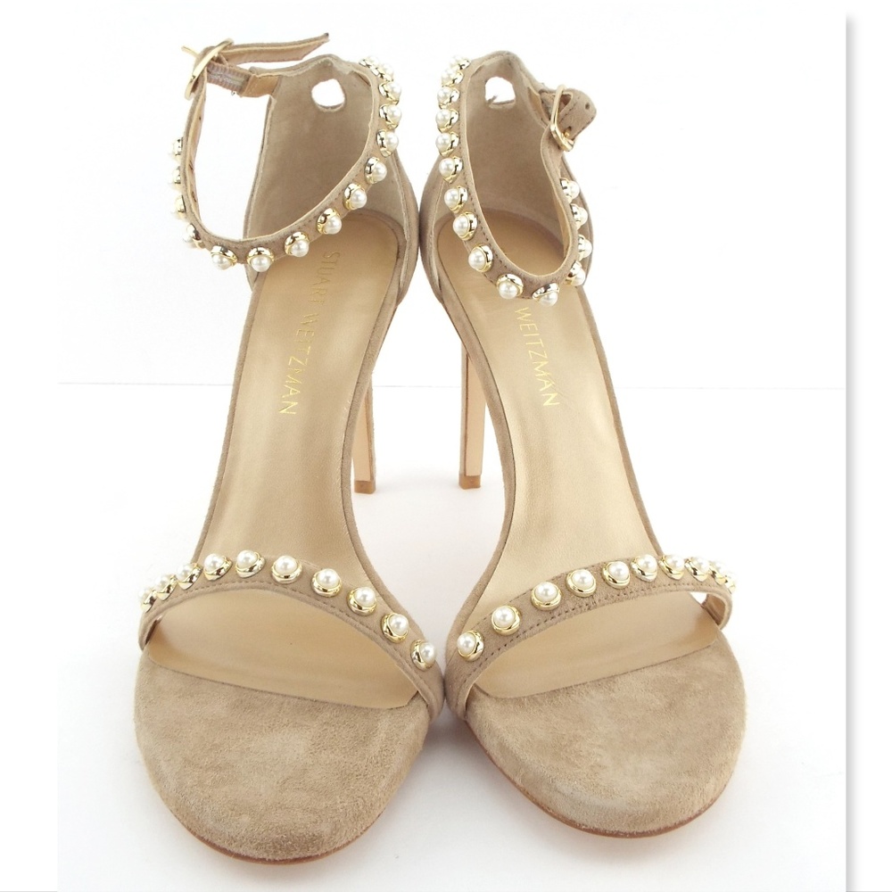 New STUART WEITZMAN Suede Leather Pearl Embellished Ankle Strap Pump Sandals 8.5